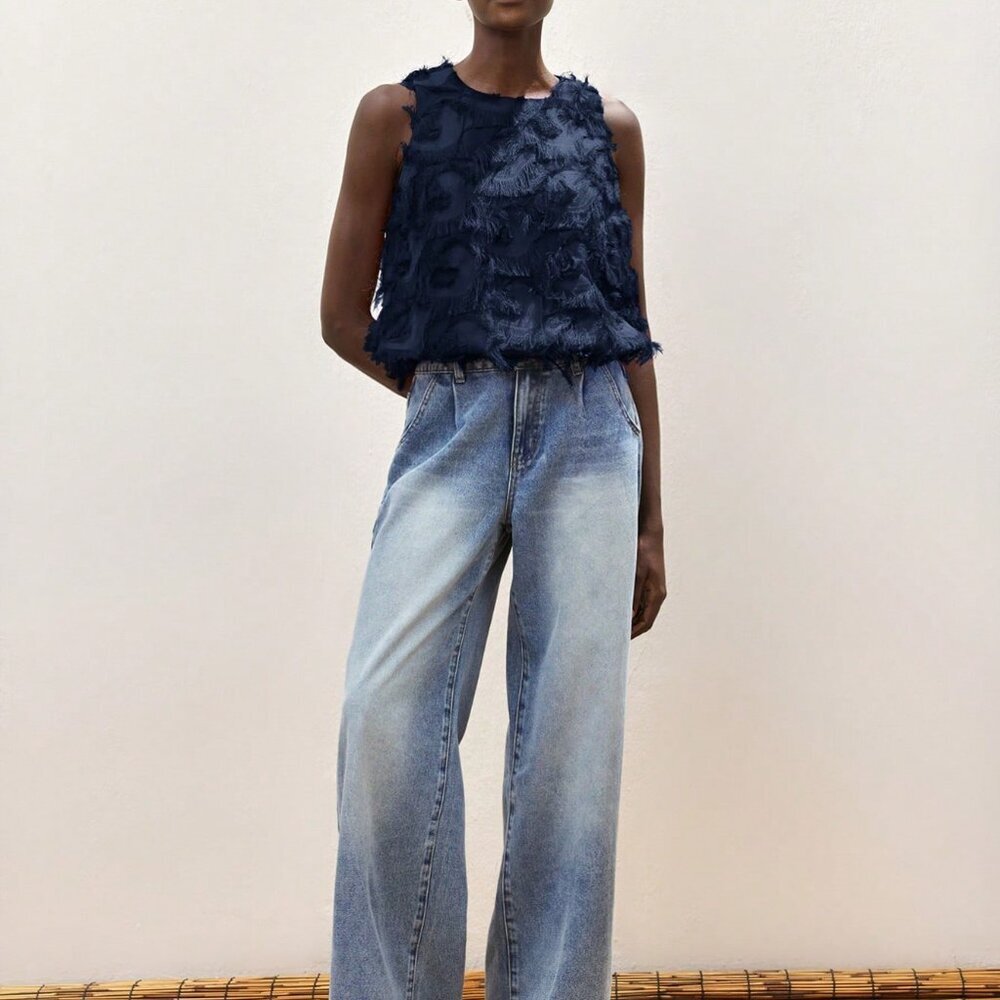 Navy Blue Bohemian Women's Casual Jacquard Camisole Top - Picture 3 of 6